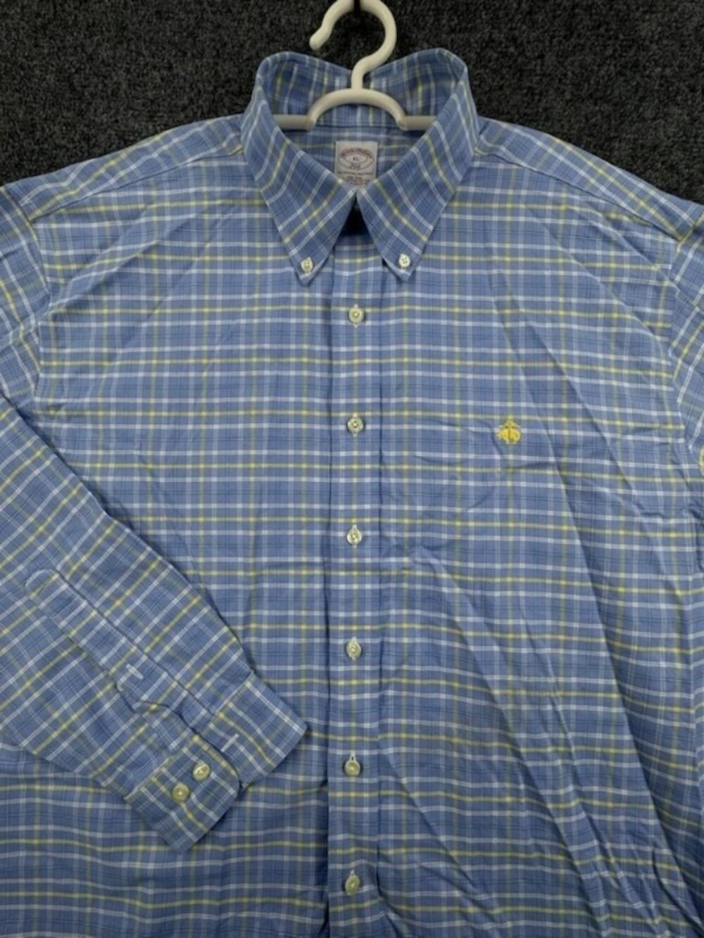 Brooks Brothers Oxford Blue Yellow Button-Down XL Non-Iron Cotton Check Logo